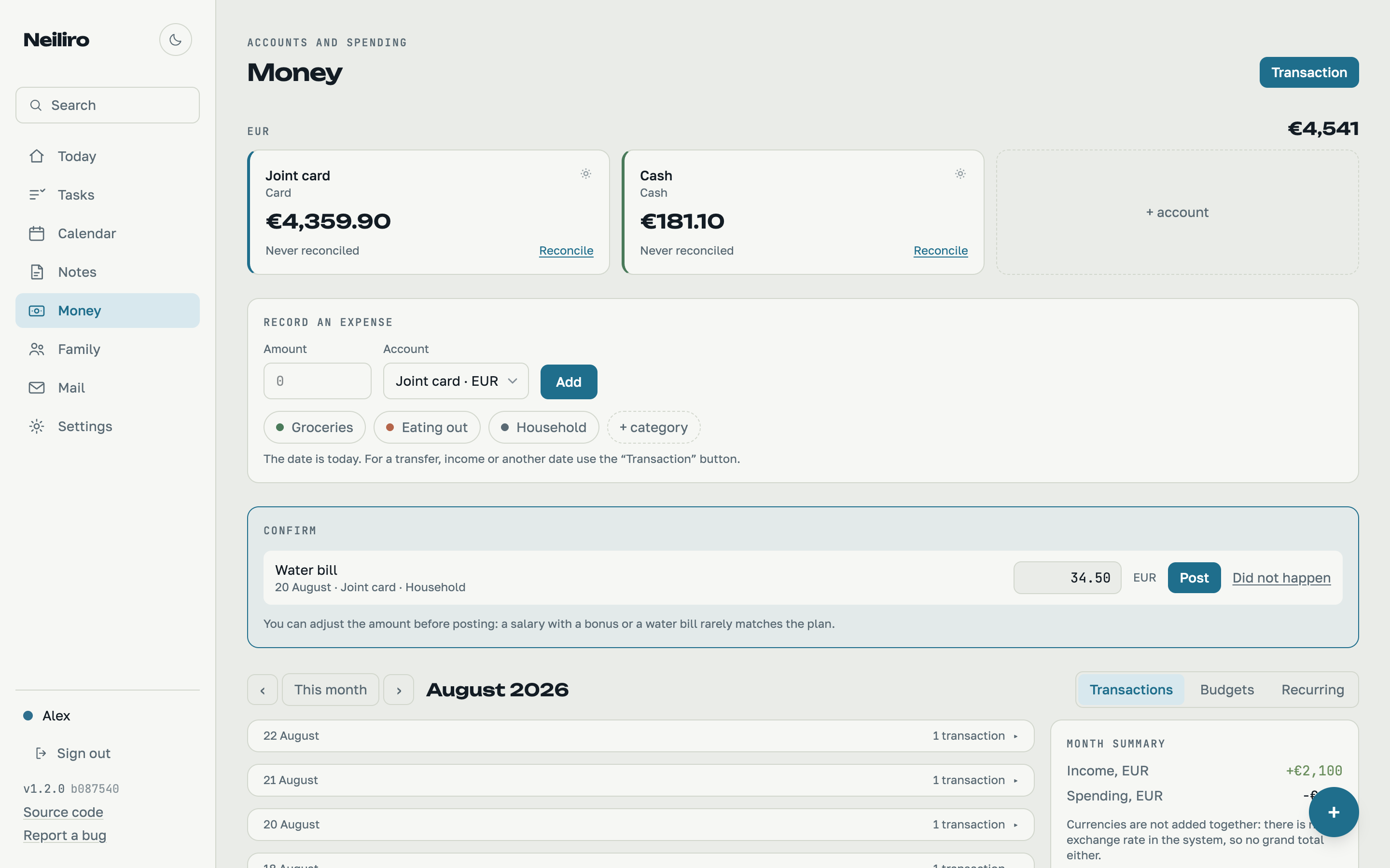 Money view with accounts, budgets and a spending donut chart