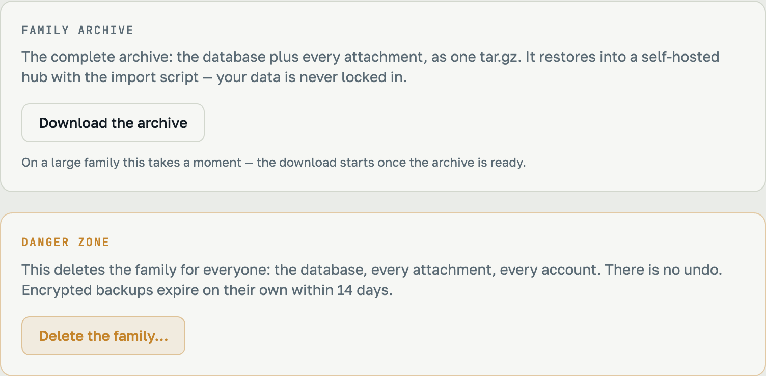 Settings: a Family archive card with a Download the archive button, and a Danger zone card with Delete the family