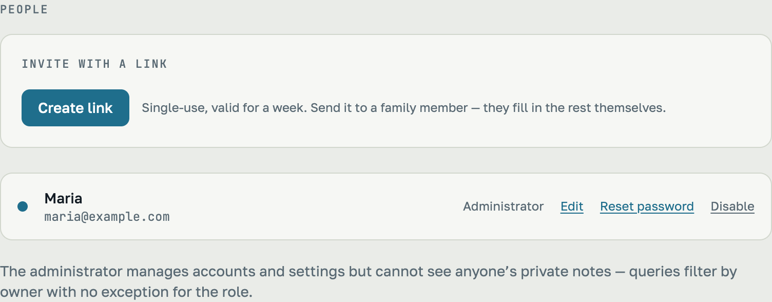 Settings: an “Invite with a link” card with a Create link button, and below it the family roster showing each member’s role
